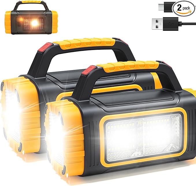 Solar Powered Flashlight Rechargeable, 8 Light Modes 2000mAh Battery 3000 Lumens USB LED Handheld Flashlights, Multi-Function Flashlight for Emergency Spotlight Camping Lantern Hiking (Yellow) 2pcs