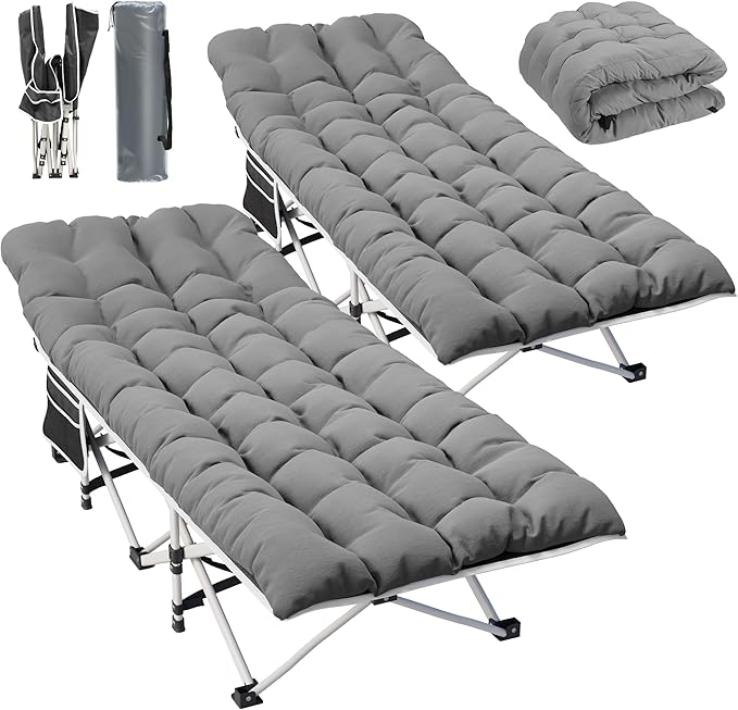 YITAHOME 2PCS Camping Cots w/Mattress Portable Lounge Chair Outdoor Folding Cot Heavy Duty 575 LB Capacity 1200D Oxford w/Carry Bag Travel Camp Bed for Camping, Office, Traveling, Grey