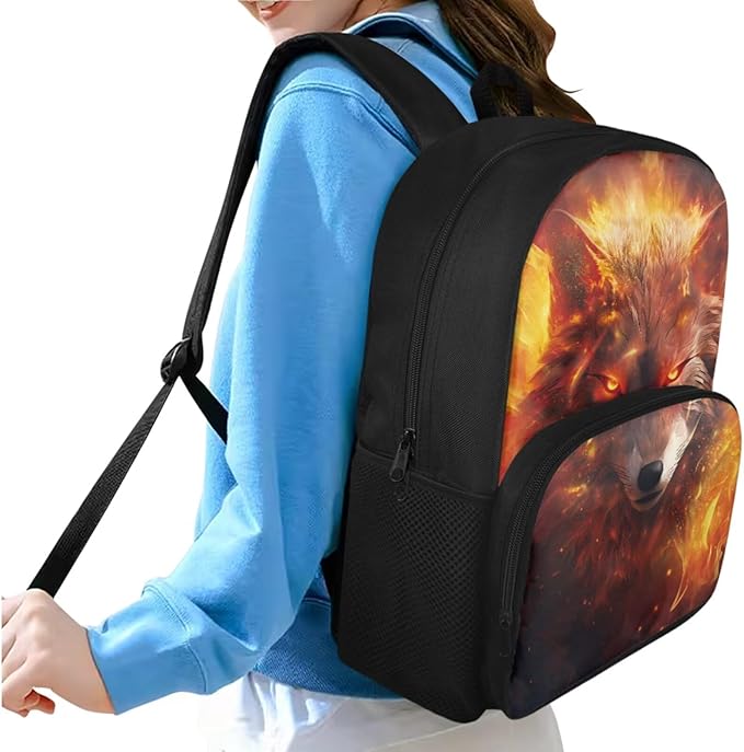 Ystardream Preschool Bookbags for Boys Fire Wolf Backpack with Lunch Box and Pencil Bag 3 in 1 for Boys Kids Cool Backpack with Side Pocket for Water Bottle for Teen Kid School Sports