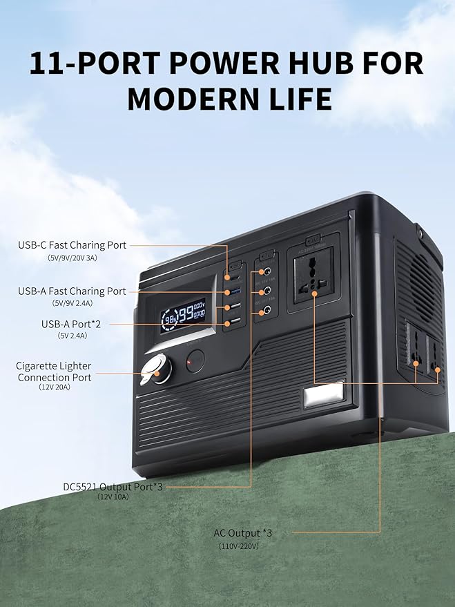 Portable Power Station 600W, 600Wh LiFePO4 Battery, Outdoor Solar Generator for Camping, Traveling, and Emergency