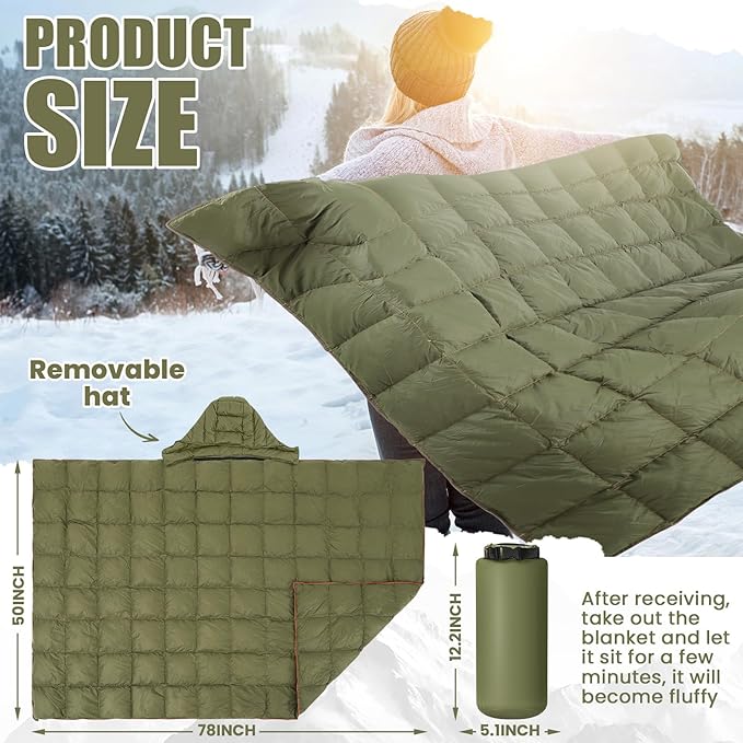 Upgraded Hooded Down Camping Blanket Waterproof 650 Fill Puffy Poncho Blanket 77" x 50" Packable Wearable Sleeping Bag with Detachable Hat Outdoor Stadium Camping, 1.36 lb(Olive Green)