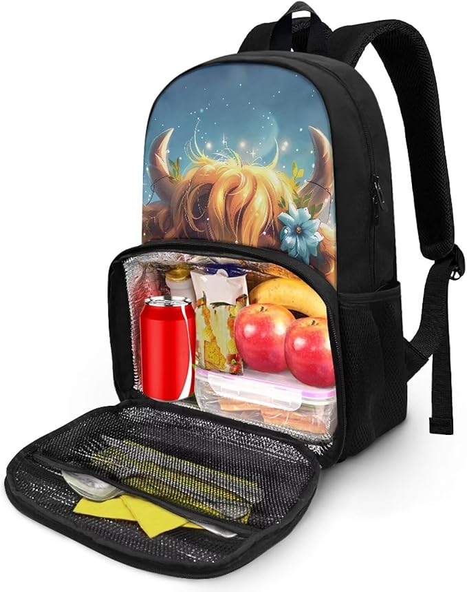 Cute Yak Cow 17 Inch Kids Casual School Backpack Purse, Extra Large Insulated Unisex Lunch Cooler Bag With Computer Compartment, Hiking Picnic Travel Student Dayback