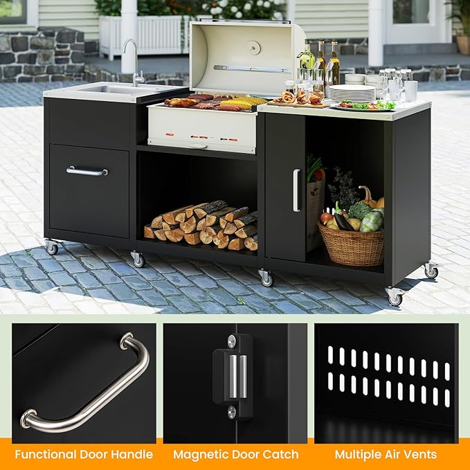 Happygrill 80” Outdoor Grill Table with Sink & Drainage, Heavy Duty Metal Grill Cart w/Cabinet & Removable Stainless Steel Top, Portable Prep Cooking Table w/Wheels for BBQ, Patio, Camping & Backyard