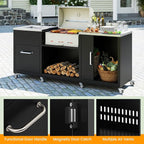 Happygrill 80” Outdoor Grill Table with Sink & Drainage, Heavy Duty Metal Grill Cart w/Cabinet & Removable Stainless Steel Top, Portable Prep Cooking Table w/Wheels for BBQ, Patio, Camping & Backyard