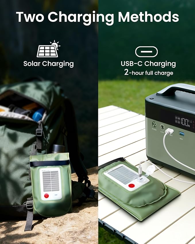 24" Inflatable Solar Camping Lantern - USB-C Rechargeable LED Light Tube with 2000mAh Power Bank, IP66 Weather-Resistant Collapsible Tent Light for Hiking, Backpacking, Outdoor Adventures (Green)