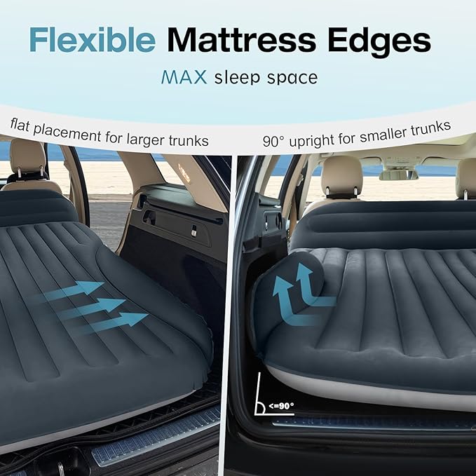 SUV Air Mattress, Double-Sided Thick Flocked Car Air Mattress with Built-in Pump & Pillow, Complete Sleeping Accessories for Auto Camping & Road Trips（Dark Gray）