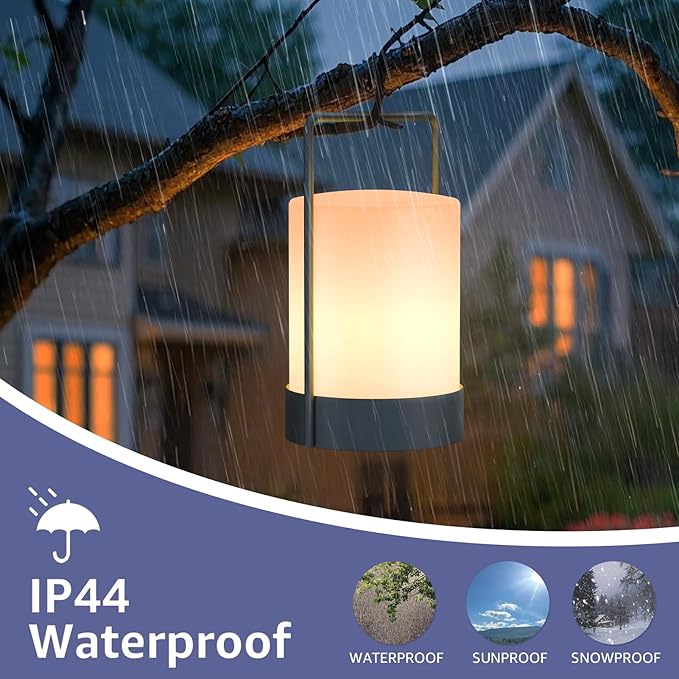 FUYO Outdoor Table Lamp Lantern Shower Lamp Cordless LED Portable with Warm White RGB Colour IP44 Rainproof, with Handle, PE & Metal for Balcony Patio Garden Camping Bathroom