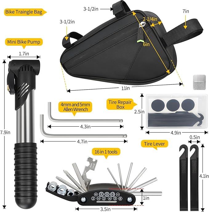 Bike Repair Kit, Bicycle Repair Bag With Tire Pump, Bike Tool Kit for Camping Travel, 16-in-1 Bike Multitool, Bicycle Tire Repair Kit, 4mm and 5mm Allen Wrenches, Used for Mountain Bike and Road Bike
