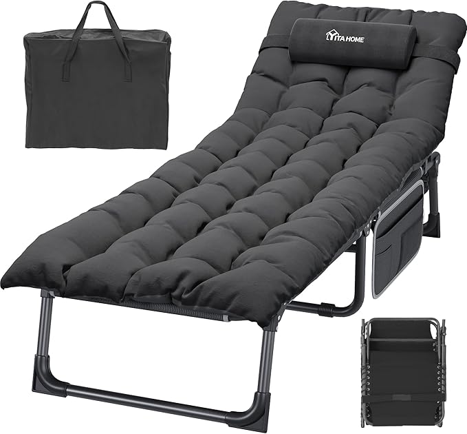 YITAHOME XL Camping Cots 4+2 Portable Cot w/Mattress Outdoor Folding Cot Heavy Duty 330lb Capacity 600D Oxford w/Carry Bag Removable Pillow Travel Bed for Camping, Home, Office, Traveling, Black