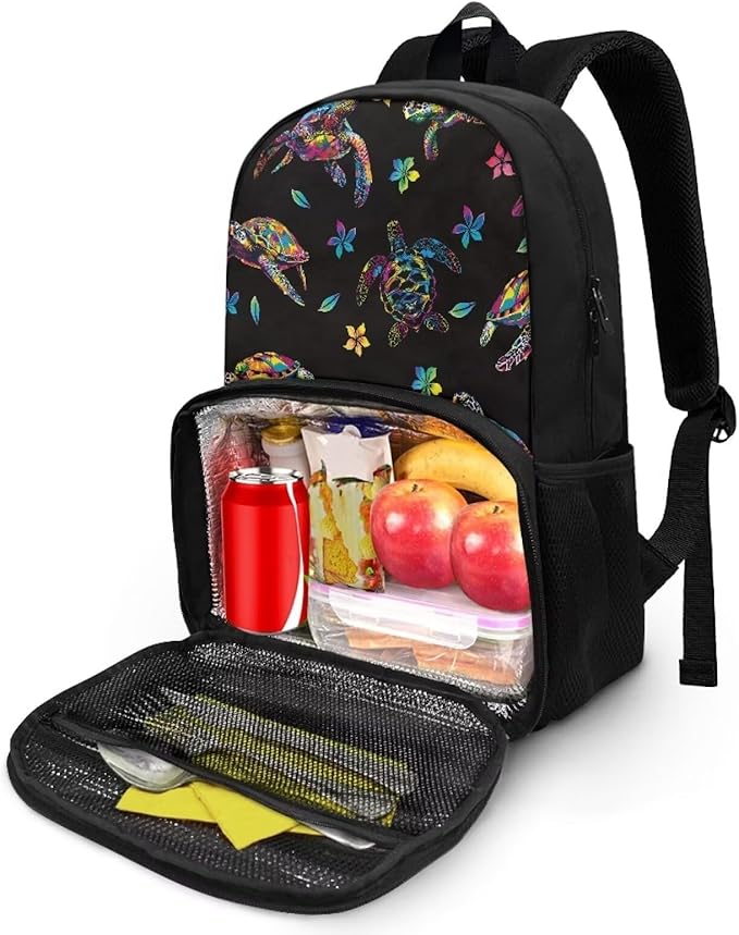 School Bags for Adults Kids, Insulated Cooler Lunch Box Backpack for Middle High School Student, Men Women Office Travel Pianic Hiking Dayback, Sea Turtle Flowers