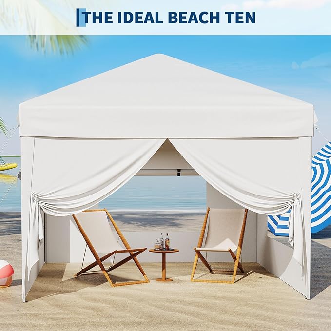 10x10 Pop Up Canopy Tent with 4 SideWalls, Easy Up Canopy with 3 Adjustable Height, Outdoor Sun Shade with 4 Sandbags & Carrying Bag for Camping, Parties,Outdoor Events-White