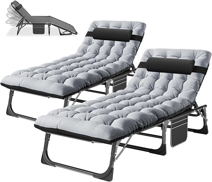 Barbella Folding Lounge Chair with Mattress, 4 Position Adjustable Folding Sleeping Bed Cot Patio Chaise Lounge Chairs Perfect for Sunbathing, Camping, Pool, Beach, Patio