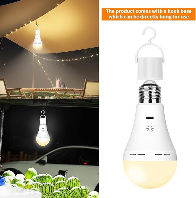 E26 Rechargeable Light Bulbs with Remote Control, 2600mAh Battery Operated Light Bulb with Hook, 3000K-6500K，40W Equivalent, 3 Timer, for Sconces Lamps Without Power, Camping, Emergency 2 Pack