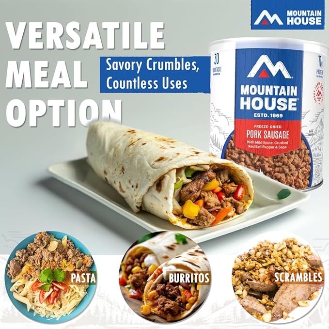 Mountain House Freeze-Dried Pork Sausage #10 Can – 150 Total Servings (6 Cans, 25 Servings Each) – Fully Cooked, Ready-to-Eat Emergency Canned Food Supply – High-Protein Survival Meat for Camping, Hiking & Long-Term Food Storage – 30-Year Taste Guarant...