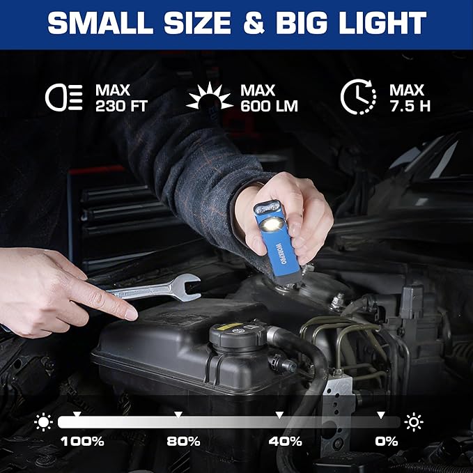 WORKPRO Rechargeable Work Light, 600 Lumens Flat Pocket Flashlight with UV Light, Magnetic Base & Clip, Slim LED EDC Flashlight for Garage, Camping, Home, and Emergencies