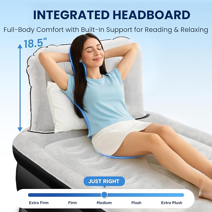 Twin Air Mattress with Headboard, Built-in Pump, 600 lbs Heavy-Duty Support, 19" Raised Comfort Design, 48-Hour Leak-Tested PVC, 2.5 Min Fast Inflation, Inflatable Mattress for Home, Guests & Camping
