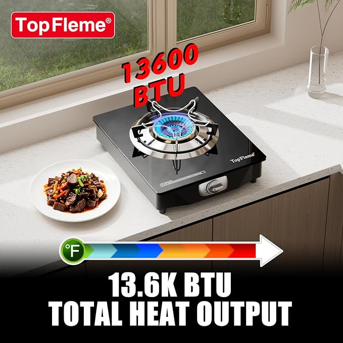1 Burner Propane Stove 13,600 BTU High-Efficiency Tempered Glass Auto-Ignition Gas Burner Stove Top with CSA Hose for Outdoor RV Camping Emergency Cooking
