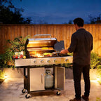 Aoxun 4-Burner Propane Grill with Side Burner, 49000 BTU Gas Grill, Stainless Steel Outdoor Grill with Cast Iron Grates & Side Tables for Backyard, Patio, Camping, Black and Silvery