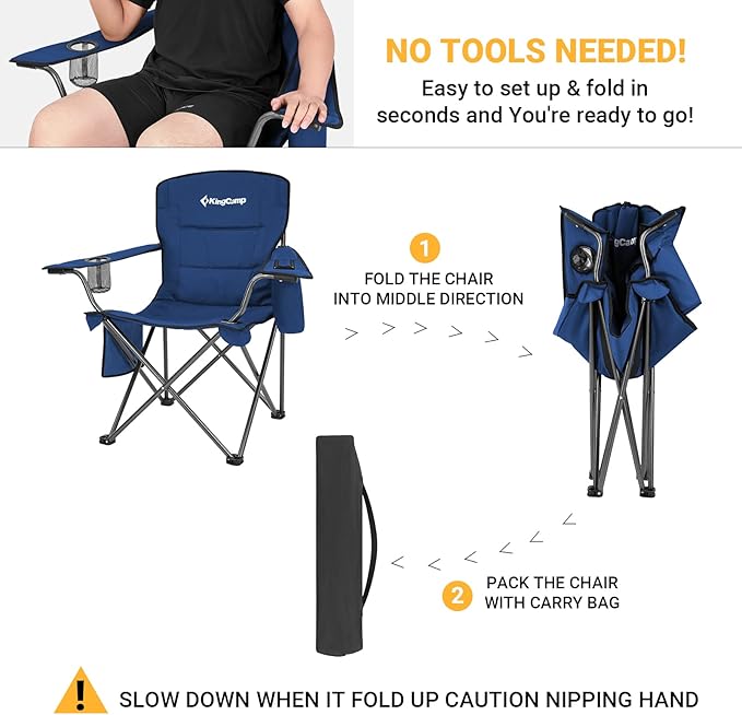 KingCamp Oversized Folding Camping Chair for Adults Portable Outdoor Lawn Chair Heavy Duty with Cooler, Cup Holder, Side Pocket, Carry Bag, Support 300lbs