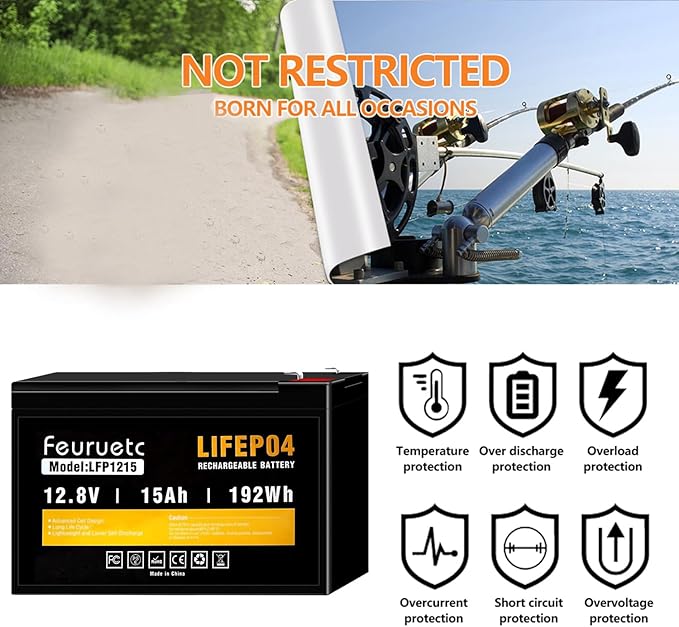12V 15Ah Deep Cycle LiFePO4 Battery, 3000+ Cycles, Maintenance-Free Battery for Fish Finder, Scooter, Security System, Solar System, UPS etc Rechargeable Lithium Iron Phosphate