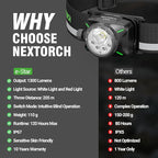 NEXTORCH eStar 1300 Lumens Headlamp Rechargeable, Running LED Headlight Extra Lightweight with Spot & Flood, Red Light, Waterproof Headband for Outdoor Camping Hiking Working, 3*AAA Batteries, Black