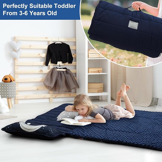 PHF Toddler Nap Mat with Removable Pillow and Minky Fleece Blanket, Rollup Design Warm Slumber Bags for Boys Girls, 52"x20"x2" Kids Sleeping Bag for Daycare Preschool Travel Camping, Astronaut