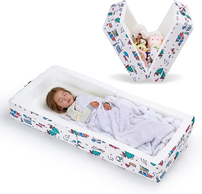 Portable Foldable Toddler Travel Bed – Air Layer Fabric Soft Foam Floor Crib with Safety Rails, No Assembly, Washable Cover, Compact Kids Sleep Solution for Home, Trips & Daycare, Cream