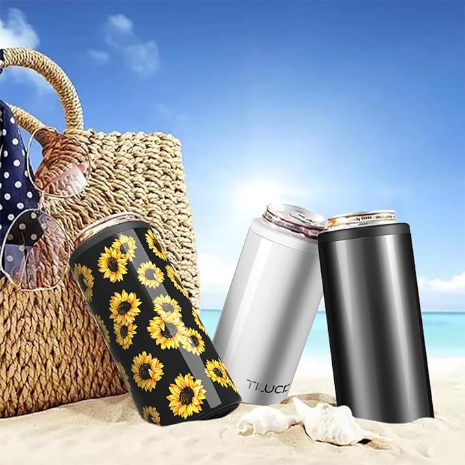 TILUCK Skinny Can Cooler for Slim Beer & Hard Seltzer, Stainless Steel, Doucle-Walled Stainless Steel Insulated Slim Cans, Standard 12 oz (Glitter White)