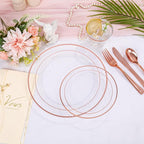 bUCLA 300PCS Rose Gold Plastic Dinnerware - Clear Dinnerware Set Disposable Include 50 Dinner Plates,50 Dessert Plates,50 Knives,50 Forks,50 Spoons,50 Cups for Party, Wedding & Valentines Day