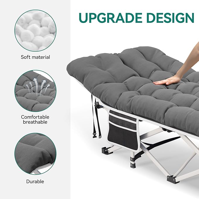 YITAHOME 2PCS Camping Cots w/Mattress Portable Lounge Chair Outdoor Folding Cot Heavy Duty 575 LB Capacity 1200D Oxford w/Carry Bag Travel Camp Bed for Camping, Office, Traveling, Grey
