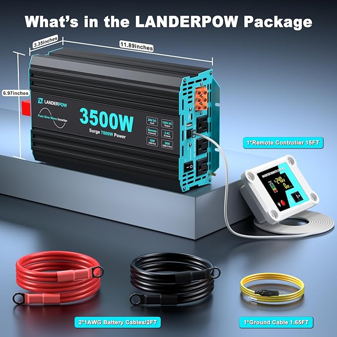 3500W Pure Sine Wave Inverter 24V DC to 120V AC for RV, Truck, Home, Off-Grid, Solar Power Inverter with 3 AC Outlet, 30W Type-C, 5V/3.1A USB, Hardwire Port, 15FT Remote Control, Surge 7000W