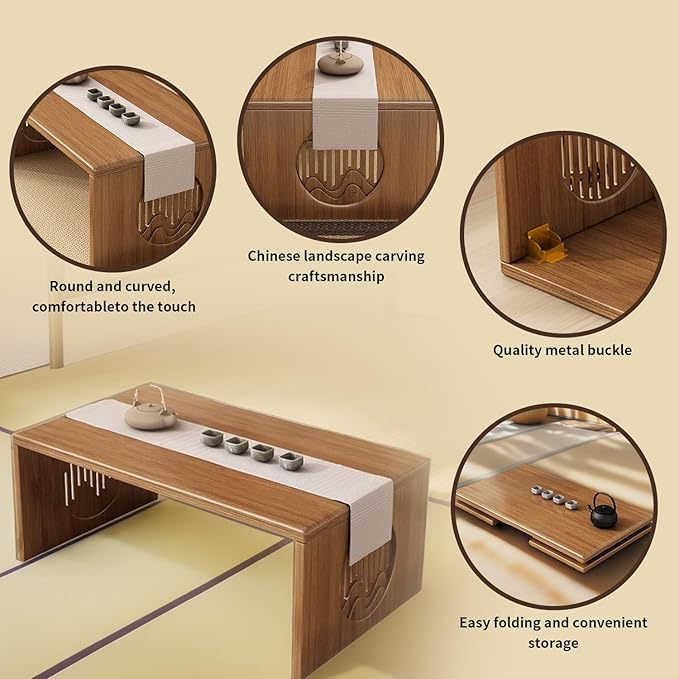 Japanese Folding Coffee Table, Foldable Low Coffee Tables, Bamboo Floor Table Desk for Sitting on The Floor, No Assembly, Portable Living Coffee Table (39.4 Inch)