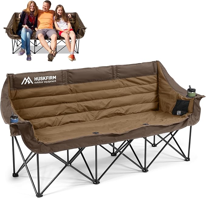 3 Person Camping Chairs Folding Double Camping Chair Portable Oversized Loveseat Padded Camp Chair Heavy Duty Camping Couch for Adults Outdoor Lawn with Two Cup Holders and Carry Bag