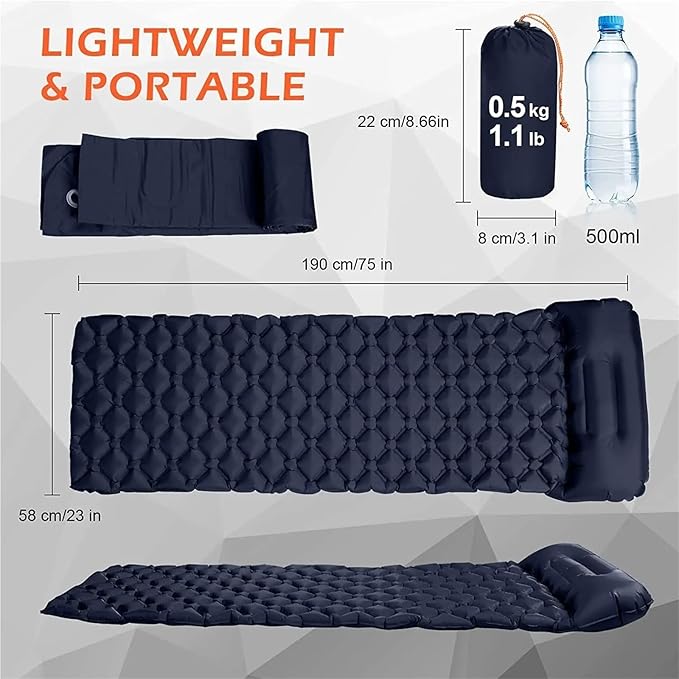 Ultralight Camping Inflatable Sleeping Pad - Built-in Headrest Air Cushion for Travel Hiking Outdoor Adventures(01Navy Blue)