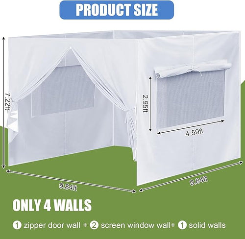 4Pcs Canopy Sidewall for 10x10 Canopy Frame Enclosure Wall with Mesh Window Replacement Side Wall for 10x10 Pop up Tent Outdoor Party, No Frame or Top(White)