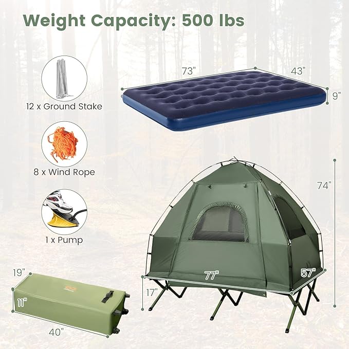 Goplus Camping Tent Cot, 5-in-1 Folding Camping Bed with Air Mattress, Pillow, Sleeping Bag, Waterproof Elevated Tent Shelter, Portable Outdoor Sleeping Cot with Carry Bag for Picnic, Trip