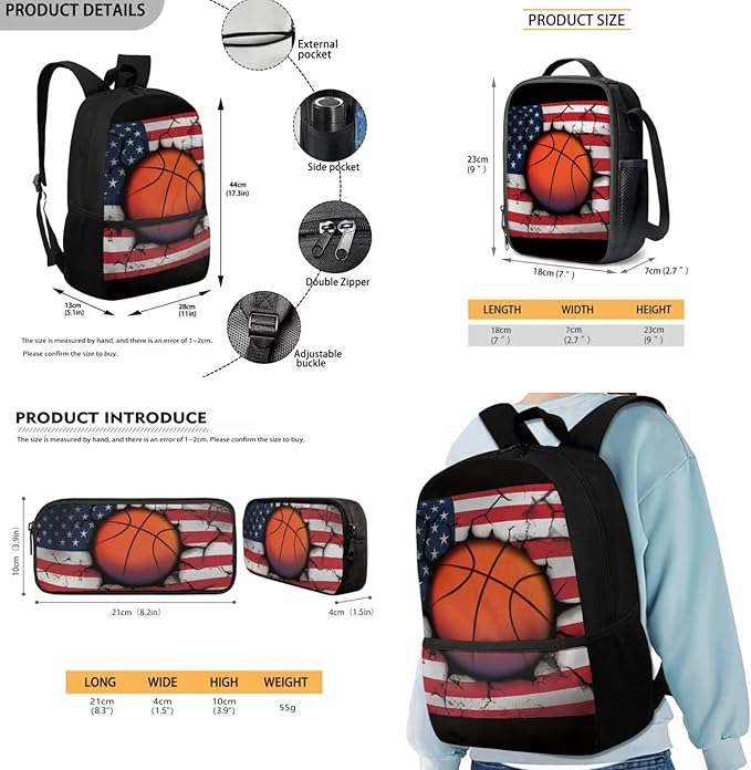 Rnyleeg Basketball Backpack for Kids with Lunchbox American Flag Boys Backpack Set Large Capacity Bookbag Set of 3 for Primary School Back to School Supplies Set