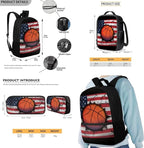 Rnyleeg Basketball Backpack for Kids with Lunchbox American Flag Boys Backpack Set Large Capacity Bookbag Set of 3 for Primary School Back to School Supplies Set