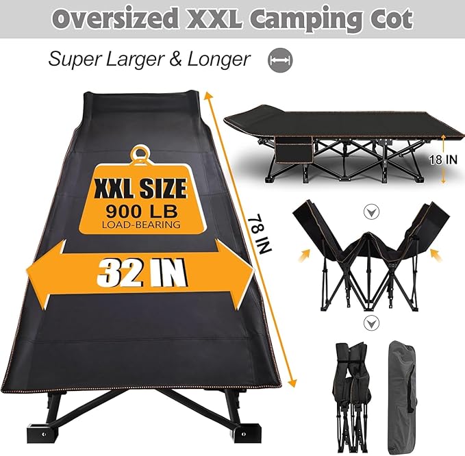 ABORON XXL Camping Cot with 2in Memory Foam Trifold Mattress, 900LBS Heavy Duty Sleeping Cot for Adults, Extra Wide Sleeping Cot, 1200D Double Layer Oxford Cot for Camping, Guest, Office Nap