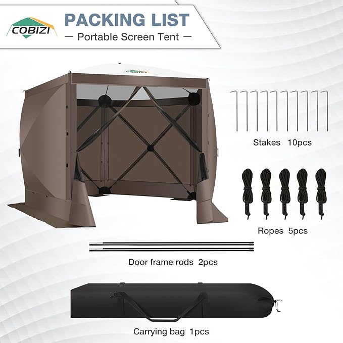 COBIZI Pop Up Gazebo Screen Tent Screen House for Camping, 10FTx10FT Screen Room with Mosquito Netting, Hub Tent Instant Screened Canopy with Carrying Bag and Ground Stakes, Brown