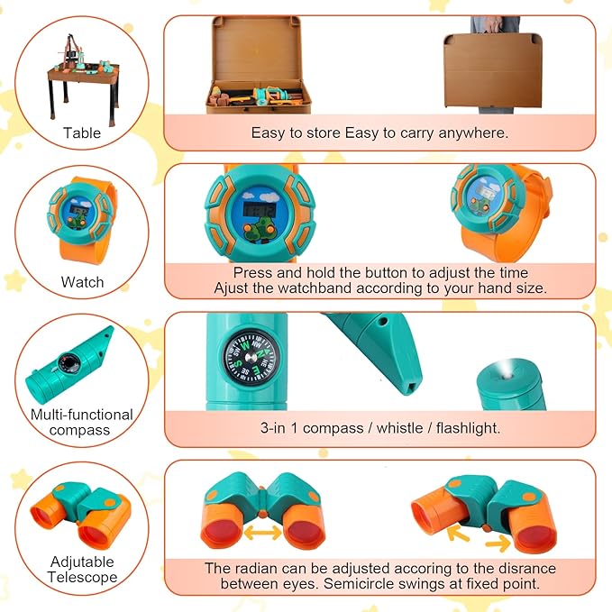 Kids Camping Set 50pcs with Folding Storage Table/Tent & Children’s Projector Flashlight- Outdoor Campfire Toy Set for Toddlers Kids - Pretend Play Camp Gear Tools for Birthday Christmas
