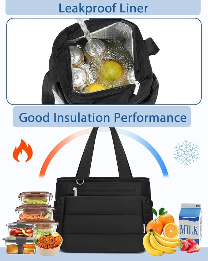Lunch Box Tote Bag - Versatile Soft Insulated Lunchbox for Women - Lightweight Stylish Simple Lunch Pail Reusable Large Cooler Bag for Adults Work Office Camping Picnic Travel Outdoor Trips Black 10L