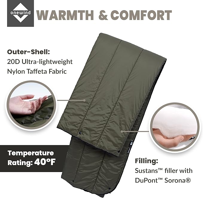 onewind Camping Blanket, Recycled Nylon Fabric Dupont Sorona Fillings, Warm, Puffy, Breathable, Windproof, Packable, Lightweight Camping Quilt for Outdoor Hiking Backpacking Travel Beach