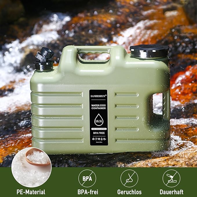 5 Gallon Water Jug,18.5L Portable Water Container with Spigot, Cleaning Brush, Detachable Hose & Extra Lid, Dual Handles Design, BPA-Free Camping Hydration Canteen, Outdoor Tank Storage PE - Green