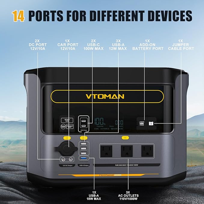 VTOMAN FlashSpeed 1000 Solar Generator 1000W/828Wh with 110W Solar Panel - LiFePO4 Battery, Expandable to 2376Wh, IP67 Waterproof Solar Charging for Extended Off-Grid, Home Backup, Camping, RV