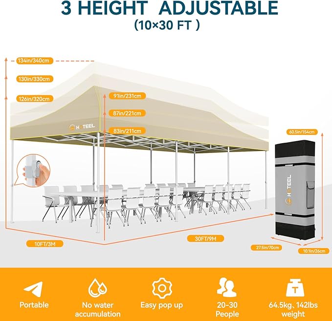 Hoteel 10x30 Pop Up Canopy Tent Heavy Duty with 5 Sidewalls, Waterproof Party Tent, Easy Set-up Commercial Instant Tents with Roller Bag & Sandbags, Hexagonal Leg (1-Year Warranty)