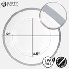 PARTY BARGAINS 13-Inch Charger Plates - 96 Pack, Clear Silver Rim, Heavy-Duty Disposable Chargers for Elegant Dining - Ideal for Weddings and Formal Events
