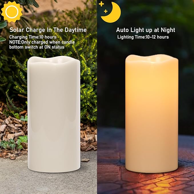 Wondise Solar Powered Flameless Candles IP65 Outdoor Waterproof Rechargeable LED Candles Battery Operated Dusk to Dawn Plastic for Camping Patio Porch Lanterns(2 Pack, 4" D x 8" H x 10" H)