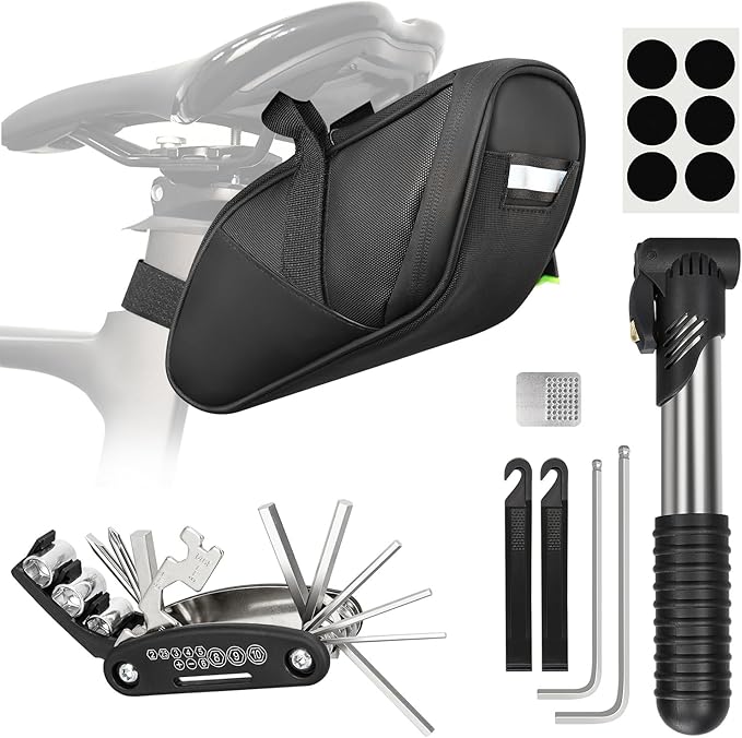 Bike Repair Kit, Bicycle Repair Bag With Tire Pump, Bike Tool Kit for Camping Travel, 16-in-1 Bike Multitool, Bicycle Tire Repair Kit, 4mm and 5mm Allen Wrenches, Used for Mountain Bike and Road Bike