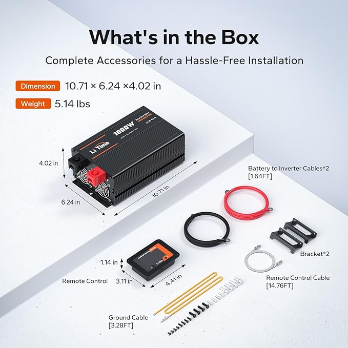 LiTime 1000W Pure Sine Wave Inverter 12V DC to 120V AC Converter for RV, Truck, Off-Grid Solar Car Power Inverter with 3 AC Outlets, 5V 2.4A USB, Type-C Port, Remote Controller, 2000W Peak